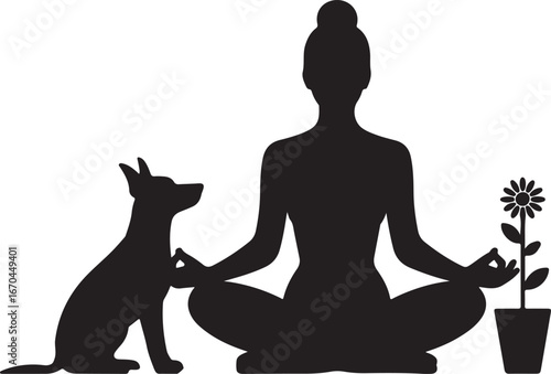 Woman and dog sitting in yoga pose serene connection silhouette isolated on transparent background