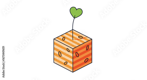 A small plant with a heart shaped leaf grows from a dice shaped pot with seeds inside
