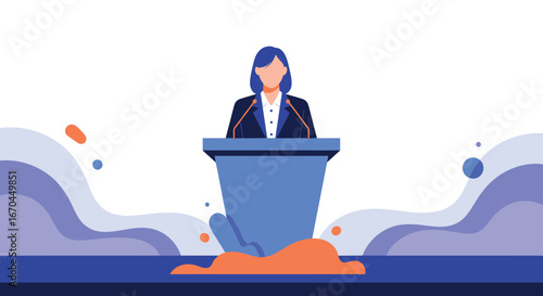 Professional woman delivering an engaging presentation from a podium to an audience