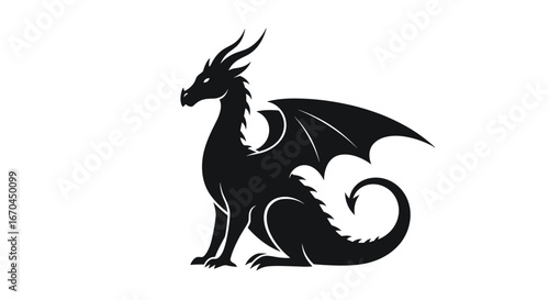 Powerful black dragon sitting with wings folded and tail curled against white background
