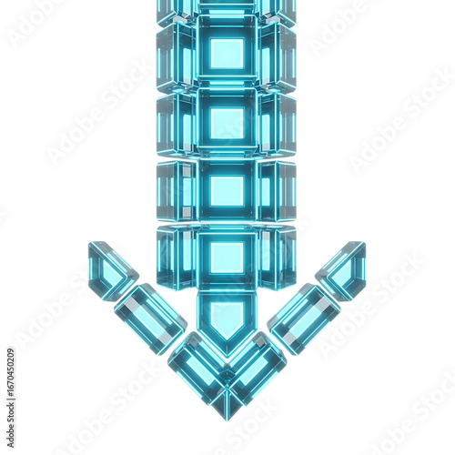 Bright blue crystal arrow pointing downwards illuminated with translucent geometric sections and digital glow effect isolated on transparent background