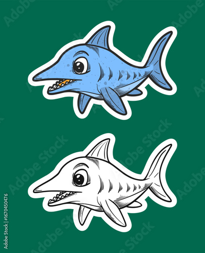 Cute Swordfish Cartoon Stickers Illustration