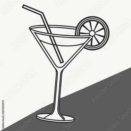 Outline drawing of a martini glass with straw and lemon slice on grey background