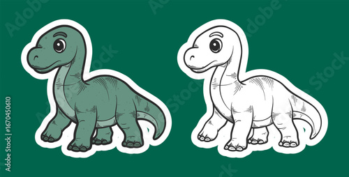 Cute Green Sauropod Dinosaur Standing Sticker Illustration