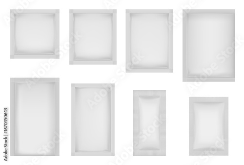 Set of white sachets in various shapes and sizes. Square and rectangular, vertical and horizontal. Cosmetic samples, skincare products, food supplements, tea bags, or single-use items