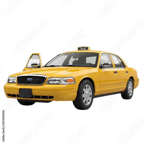 Classic yellow taxi cab with open door and illuminated 'taxi' sign on a black background transparent background