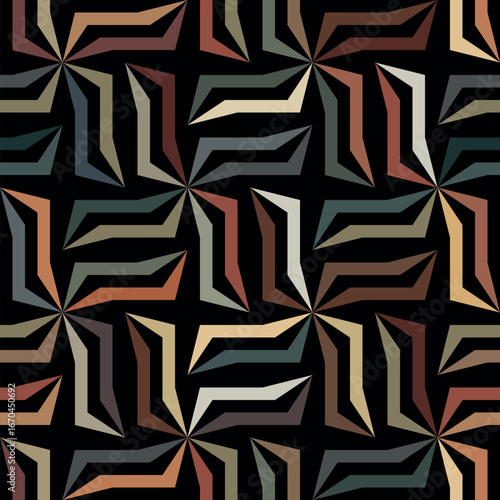 Seamless repeating pattern with a geometric design of multicolored lines and stripes in the shape of squares. Retro ethnic style. Abstract mosaic background. Vector illustration.