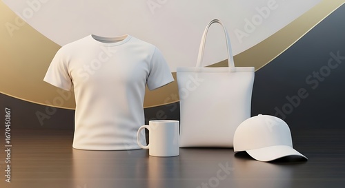 Blank merchandise mockup displaying a t-shirt, tote bag, mug, and cap ready for branding and
