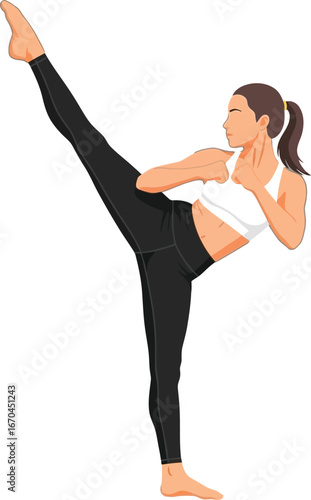 Woman practicing high kick martial arts exercise in black leggings and white top vector illustration 