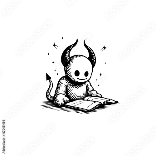 A charming little demon immersed in a book illustrating intellectual curiosity within a fantasy