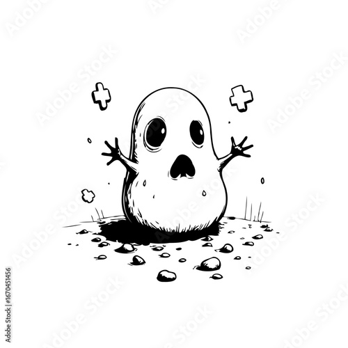 A charming cartoon ghost surrounded by ethereal crosses floating above a pebble strewn ground