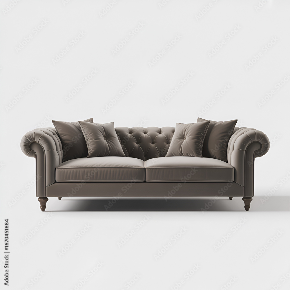 Fototapeta premium Elegant taupe velvet Chesterfield sofa with tufted back and pillows couch furniture
