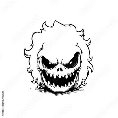 A stylized monochrome illustration of a skull-like creature with menacing features and cartoonish