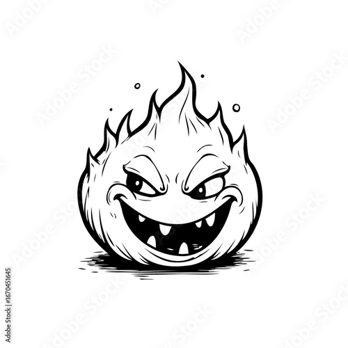 A whimsical fiery entity displaying a mischievous grin with artistic monochrome vector illustration