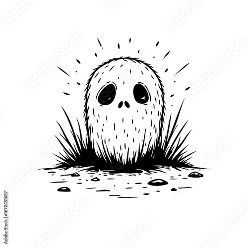 A whimsical illustration of a fuzzy creature emerging from the grass in monochrome style artwork