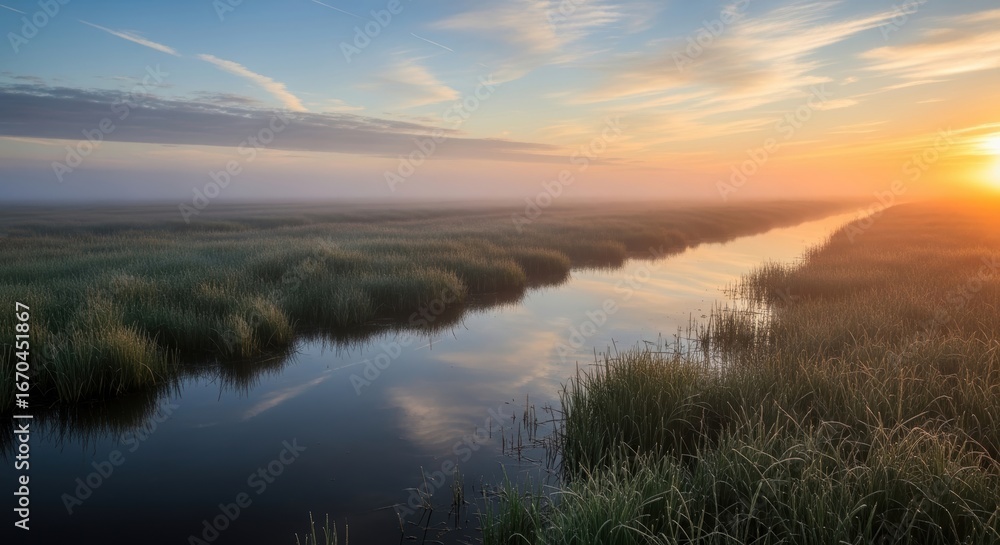 Obraz premium Tranquil sunrise over serene wetland river with lush vegetation and reflective water