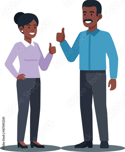 African American man and woman giving thumbs up gesture vector illustration of positive communication and teamwork in casual clothing 