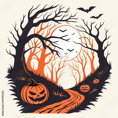 Haunted forest Halloween vector – twisted trees, glowing jack-o-lanterns, full moon and bats in bold spooky orange and black t-shirt design