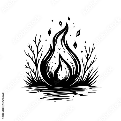 Captivating fiery illustration showcasing the energy of dynamic flames within nature's contrasting