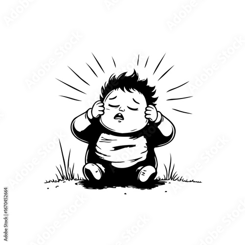 Cartoon depiction of a frustrated toddler covering ears with radiating lines indicating distress