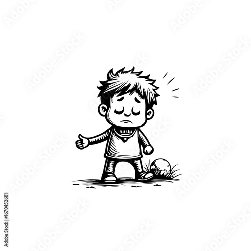 Cartoon depiction of a despondent young boy with dejected expression after losing his soccer match
