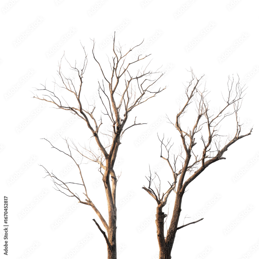 Obraz premium Two Bare Winter Trees with Delicate Branches Against a Black Background dead, Isolated On White, Png Transparent, Cut Out