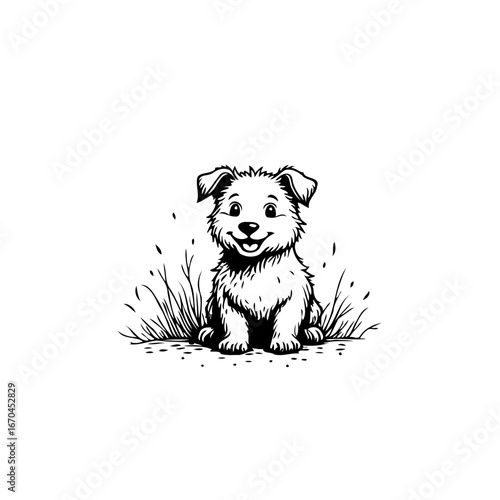 Charming canine companion in minimal design a fluffy puppy sitting cheerfully among stylized grass