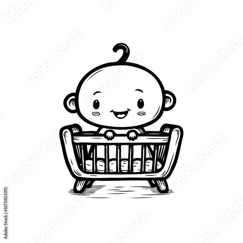 Charming monochrome illustration of a contented infant nestled sweetly within a stylized baby cot