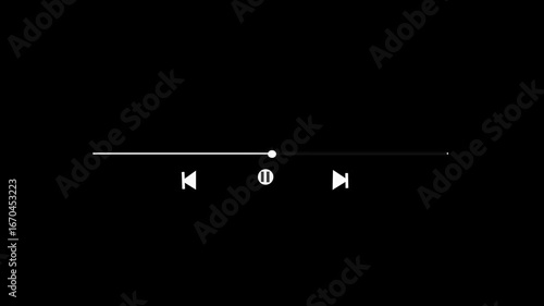 white music play bar or music loading bar animation. play pause icon. social media timeline bar on black screen, music scroll bar animation.interface timeline player loading line