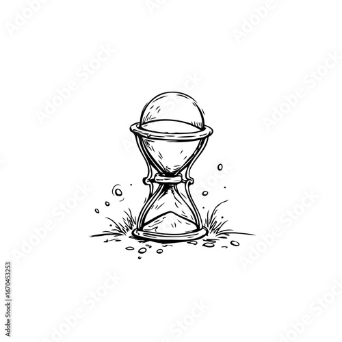 Conceptual drawing showcasing the elapsing nature of moments through a stylized sand timer on ground