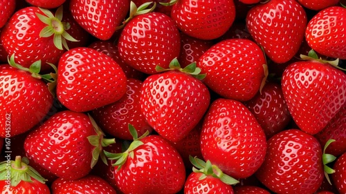 Overhead fresh abundance red strawberry closeup glossy ripe berry fruit arranged with green calyx natural texture inviting healthy snack vibrant