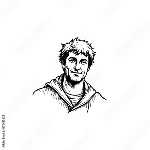 Detailed artistic sketch of a smiling man with messy hair creating a friendly and approachable