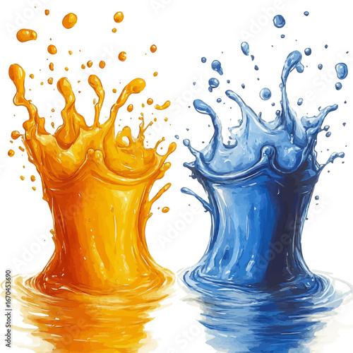 Water Splashes Summer Fun, watercolor drawing vector, isolated on a white background.