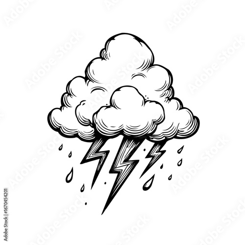 Dramatic weather illustration showcasing stormy clouds lightning bolts and falling raindrops in