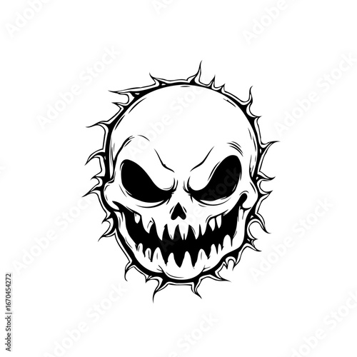 Eerie cranium illustration depicting mortality with a sinister grimace and radiating spikes for