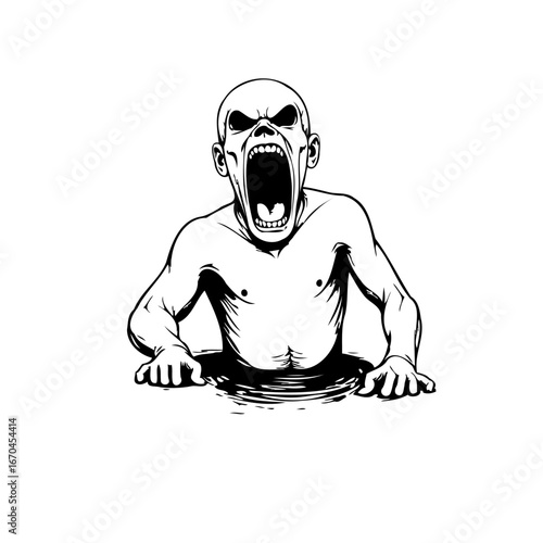 Eerie monochrome illustration of a demonic figure emerging from darkness with a cavernous scream
