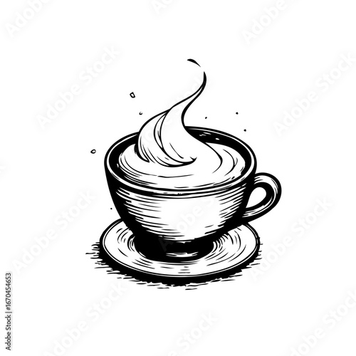 Elegant coffee cup illustration showcasing a swirl of creamy foam and saucer in a minimalist style
