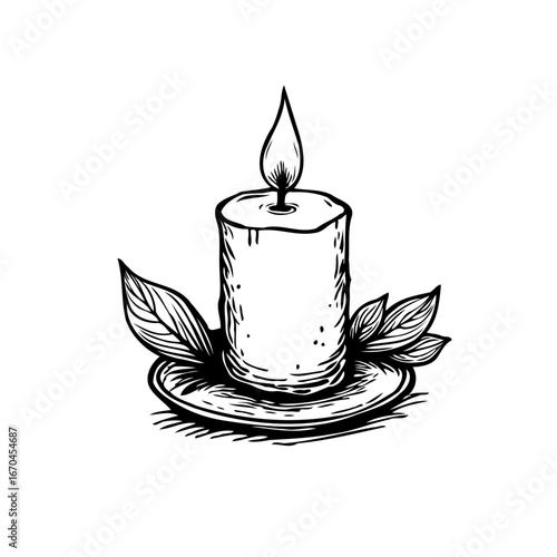 Elegant monochrome candle art illustration depicting flame, leaves, and plate evokes contemplation