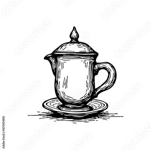 Elegant vintage sketch featuring a traditional teapot with a lid on a matching saucer for refined