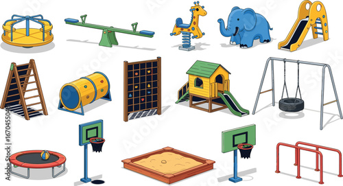 Cartoon playground equipment vector set with slide, swing, trampoline, climbing wall, sandbox, tunnel, and sports gear for children
