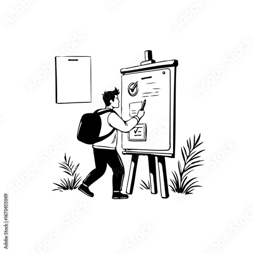 Engaging presentation delivery individual utilizing checklist display board illustration with