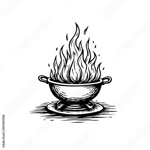 Engraving drawing portraying burning cauldron with intense flames suggesting alchemy or mystical