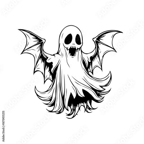 Ethereal halloween fright night specter flying on bat wings artistic spooky illustration and