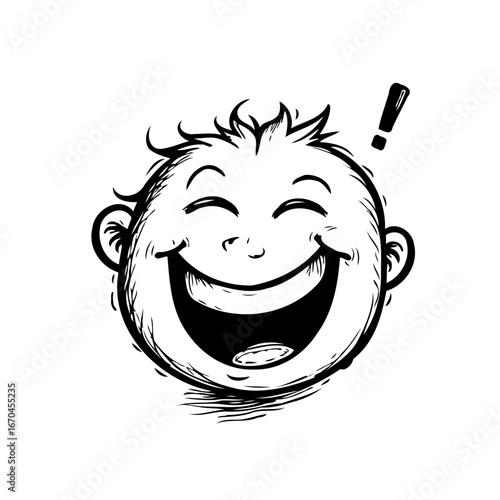 Expressive cartoon face brimming with happiness and an exclamation mark conveys a feeling of