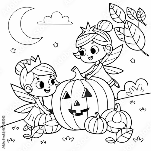 Halloween wishes with little fairy girls and funny carved pumpkins vector illustration of coloring page black and white