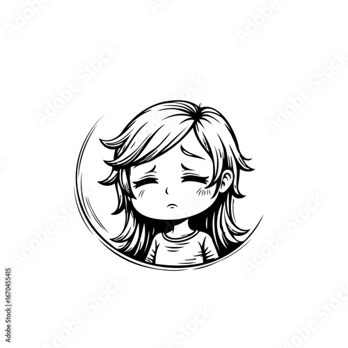 Expressive monochromatic sketch depicts a young girl's wistful demeanor with melancholic charm and