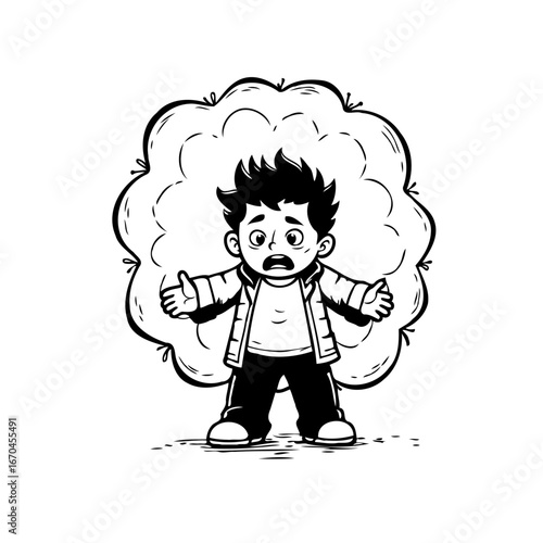 Expressive young character facing a perplexing situation, cartoon style illustration with outline