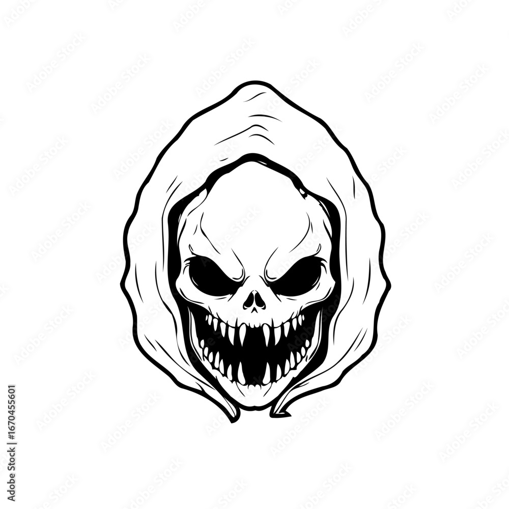 Obraz premium Grim hooded visage stark monochrome line art featuring menacing teeth in an aggressive posture