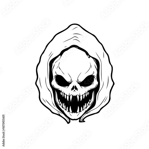 Grim hooded visage stark monochrome line art featuring menacing teeth in an aggressive posture
