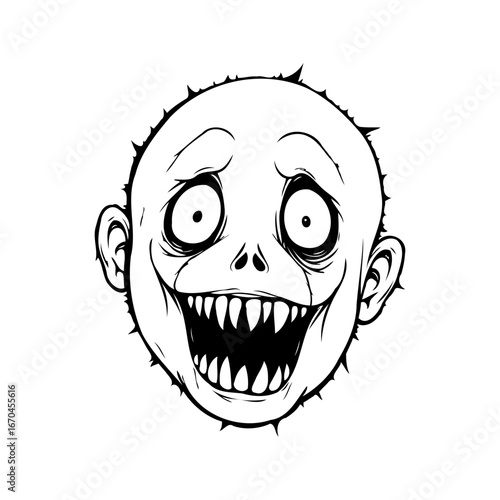 Grotesque facial illustration presenting distorted features creating a chilling or unnerving